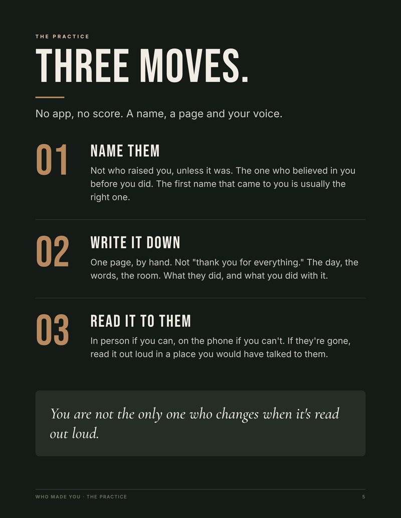 The three-move practice page from the Who Made You booklet